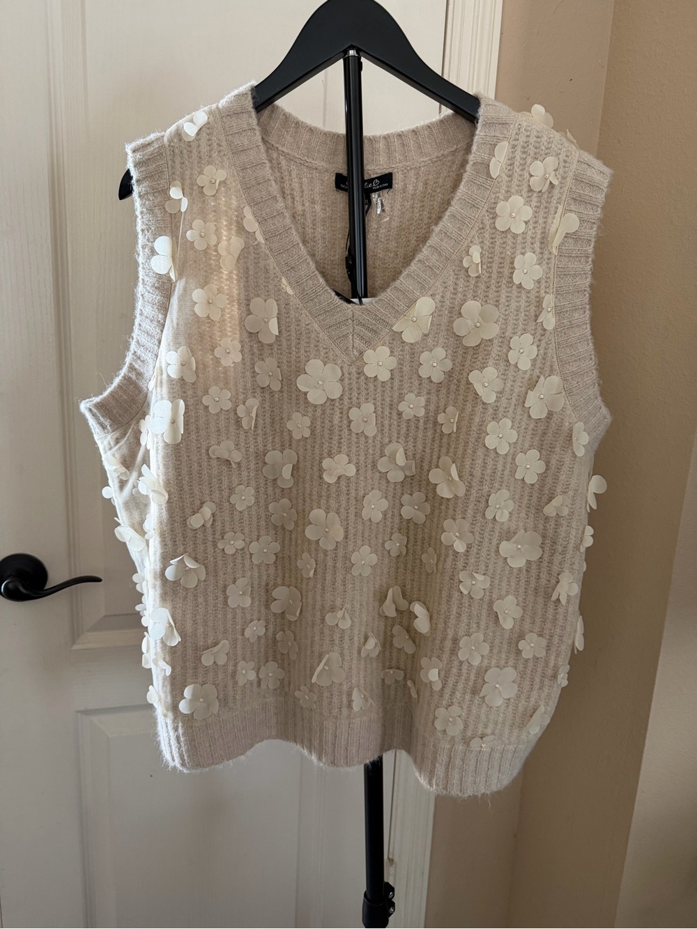 Women’s Floral Appliqué V-Neck Sweater Vest - Cream XL